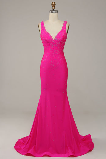 Mermaid V Neck Hot Pink Long Prom Dress with Beading