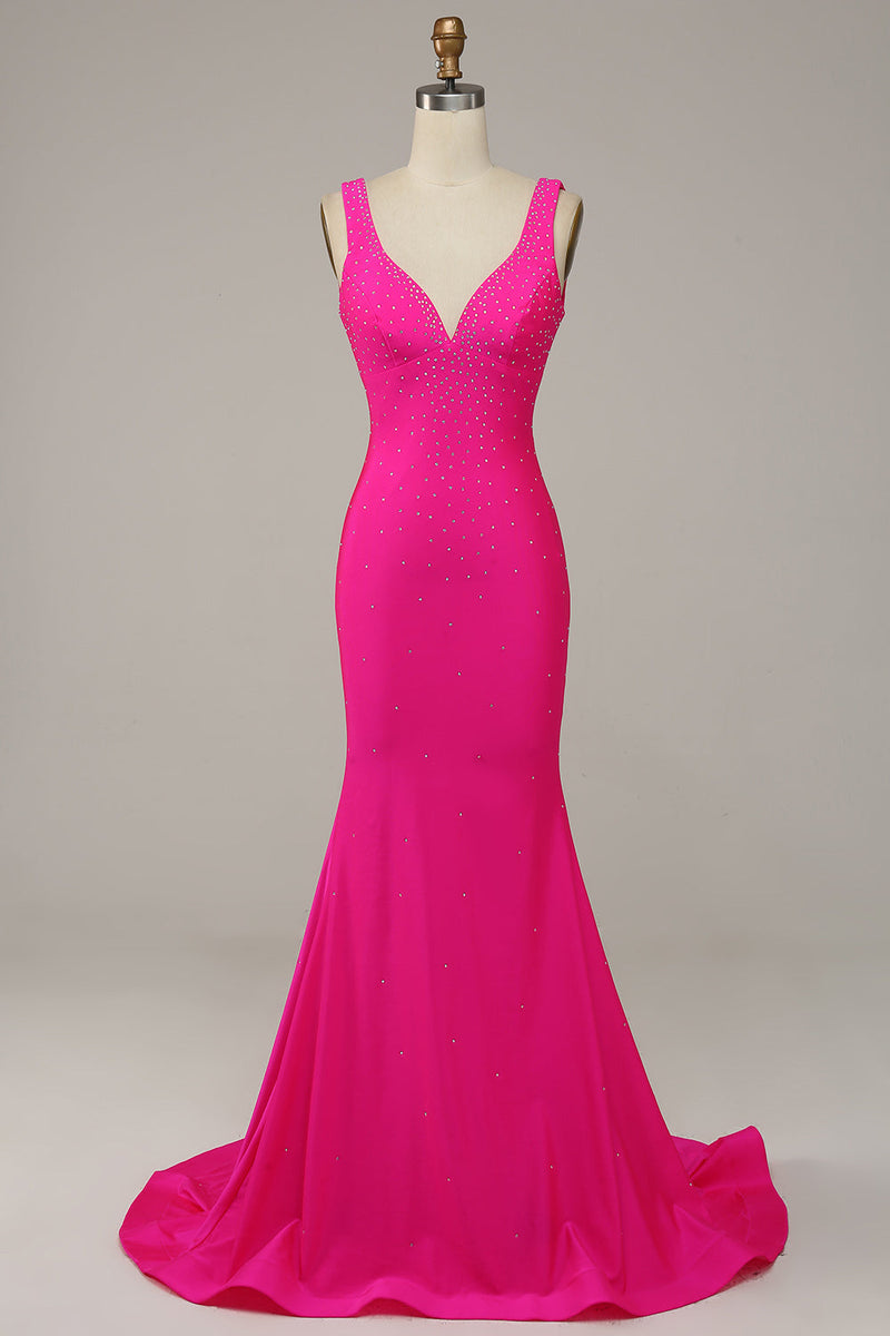 Load image into Gallery viewer, Mermaid V Neck Hot Pink Long Prom Dress with Beading