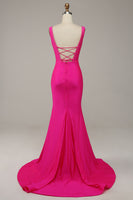 Load image into Gallery viewer, Mermaid V Neck Hot Pink Long Prom Dress with Beading