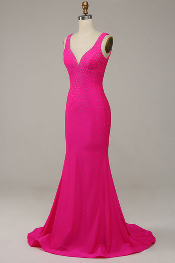 Mermaid V Neck Hot Pink Long Prom Dress with Beading