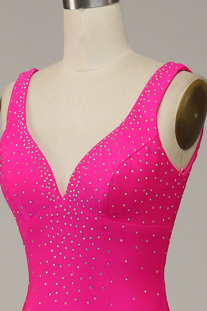 Load image into Gallery viewer, Mermaid V Neck Hot Pink Long Prom Dress with Beading