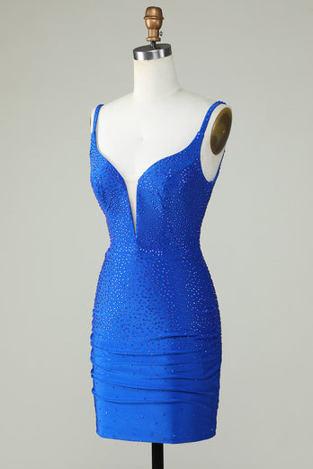 Bodycon Deep V Neck Royal Blue Short Prom Dress with Beading