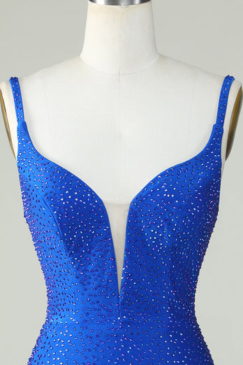 Bodycon Deep V Neck Royal Blue Short Prom Dress with Beading