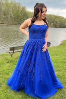 Load image into Gallery viewer, Women Royal Blue Long Prom Dress with Appliques Tulle Spaghetti Straps Formal Dress