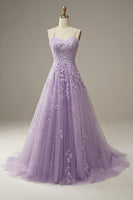Load image into Gallery viewer, Women Purple Long Prom Dress with Appliques Tulle Spaghetti Straps Formal Dress