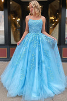 Load image into Gallery viewer, Women Light Blue Long Prom Dress with Appliques Tulle Spaghetti Straps Formal Dress