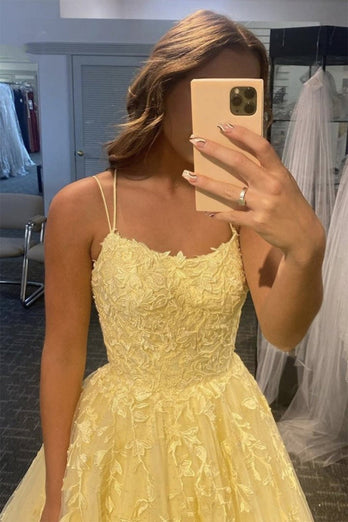 Princess Yellow Spaghetti Straps Prom Dress