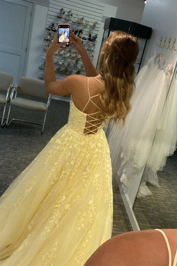 Princess Yellow Spaghetti Straps Prom Dress