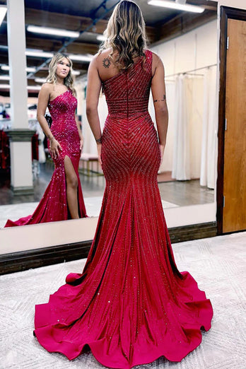 Sparkly Burgundy Beaded One Shoulder Long Prom Dress with Slit