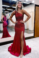 Load image into Gallery viewer, Sparkly Burgundy Beaded One Shoulder Long Prom Dress with Slit