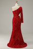 Load image into Gallery viewer, Sheath One Shoulder Red Sequins Long Prom Dress with Silt