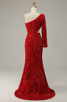 Load image into Gallery viewer, Sheath One Shoulder Red Sequins Long Prom Dress with Silt