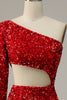 Load image into Gallery viewer, Sheath One Shoulder Red Sequins Long Prom Dress with Silt