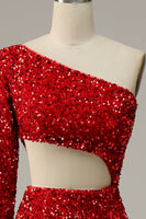 Load image into Gallery viewer, Sheath One Shoulder Red Sequins Long Prom Dress with Silt