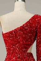 Load image into Gallery viewer, Sheath One Shoulder Red Sequins Long Prom Dress with Silt