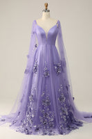 Load image into Gallery viewer, Purple Watteau Train Prom Dress With 3D Flowers
