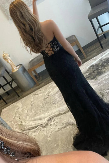Black Corset Sweetheart Long Lace Mermaid Prom Dress with Slit