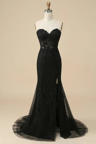 Queendancer Black Floral Long Prom Dress with Slit_1