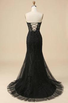 Black Corset Sweetheart Long Lace Mermaid Prom Dress with Slit