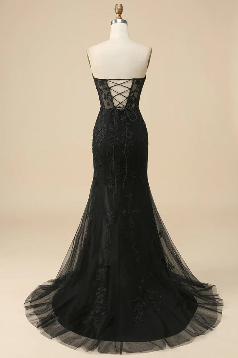 Load image into Gallery viewer, Black Corset Sweetheart Long Lace Mermaid Prom Dress with Slit