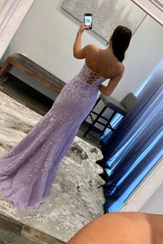 Purple Corset Sweetheart Long Lace Prom Dress with Slit