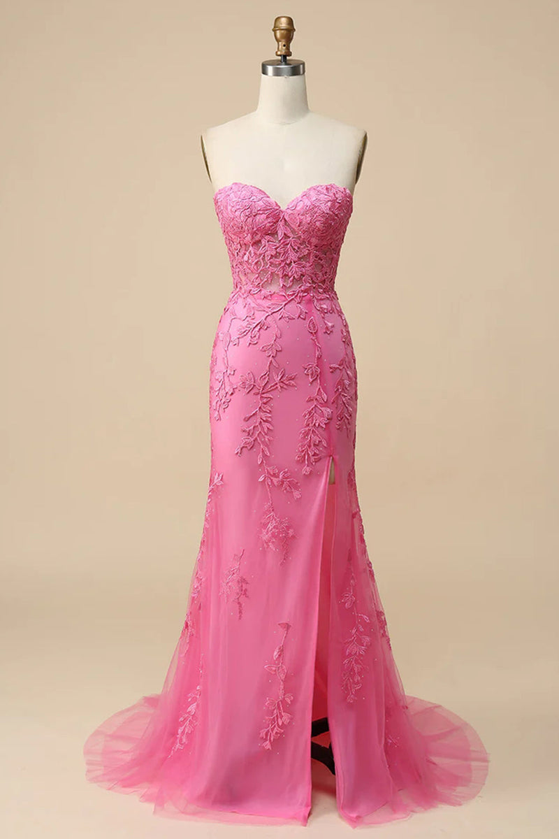 Load image into Gallery viewer, Pink Corset Sweetheart Long Lace Prom Dress with Slit