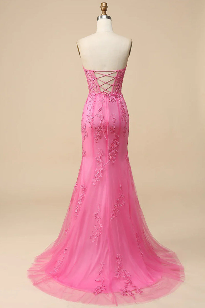 Load image into Gallery viewer, Pink Corset Sweetheart Long Lace Mermaid Prom Dress with Slit