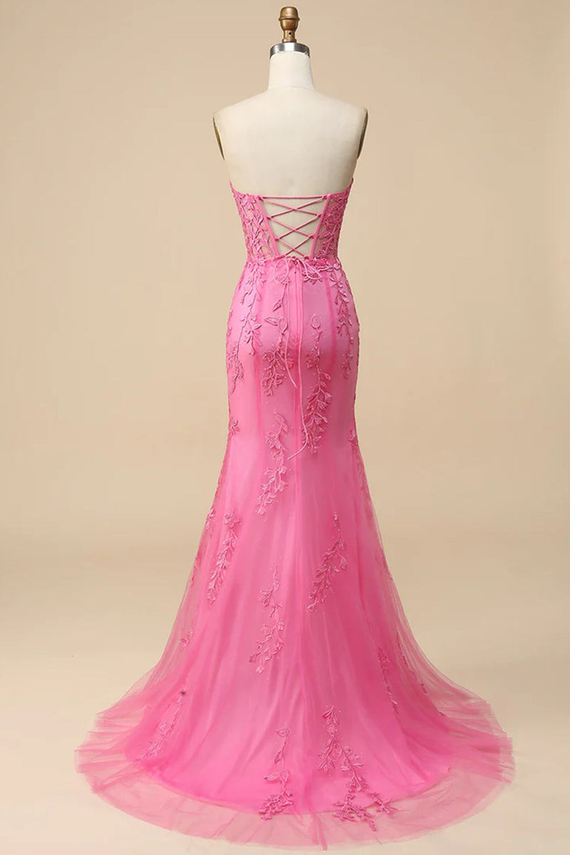 Load image into Gallery viewer, Pink Corset Sweetheart Long Lace Prom Dress with Slit