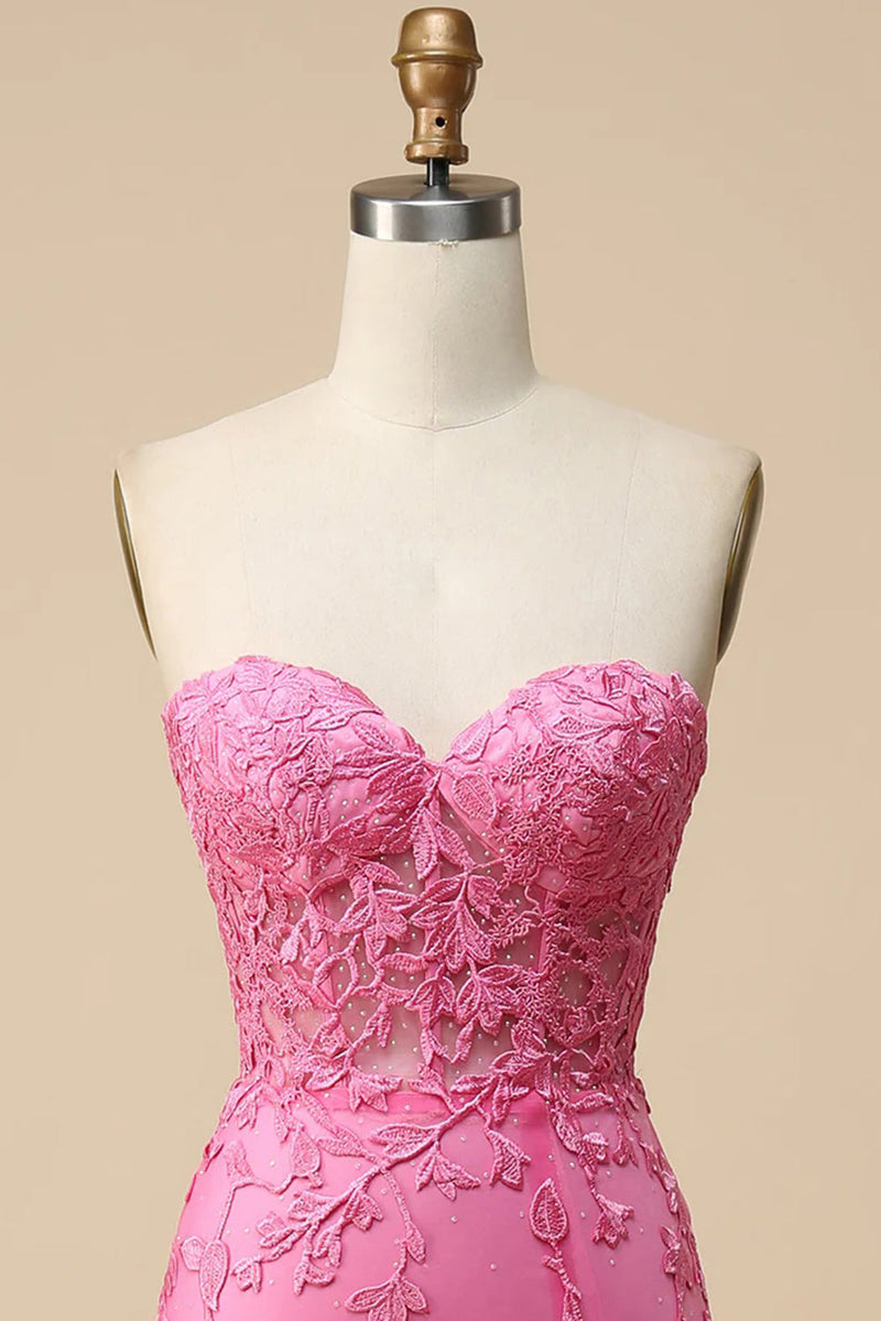 Load image into Gallery viewer, Pink Corset Sweetheart Long Lace Prom Dress with Slit