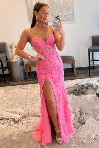 Pink Corset Sweetheart Long Lace Mermaid Prom Dress with Slit