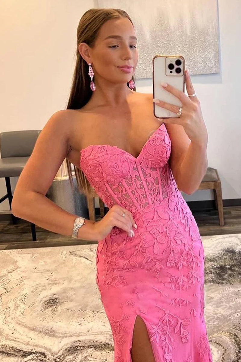 Load image into Gallery viewer, Pink Corset Sweetheart Long Lace Prom Dress with Slit