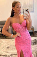 Load image into Gallery viewer, Pink Corset Sweetheart Long Lace Mermaid Prom Dress with Slit