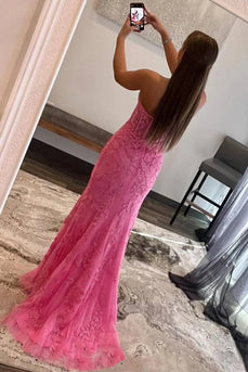 Pink Corset Sweetheart Long Lace Prom Dress with Slit