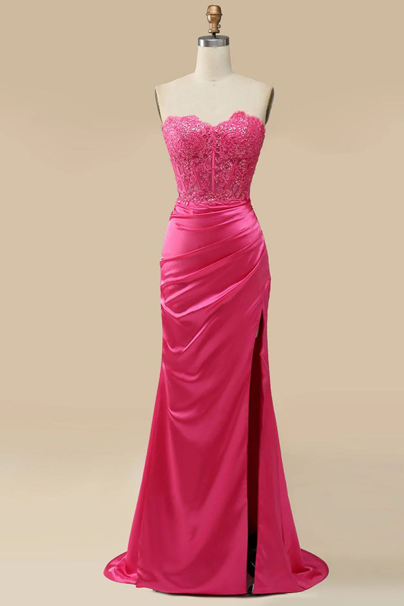 Load image into Gallery viewer, Sparkly Hot Pink Corset Long Sheath Prom Dress with Slit