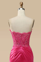Load image into Gallery viewer, Sparkly Hot Pink Corset Long Sheath Prom Dress with Slit