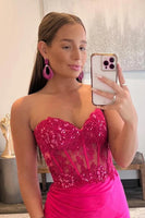 Load image into Gallery viewer, Sparkly Hot Pink Corset Long Prom Dress with Slit