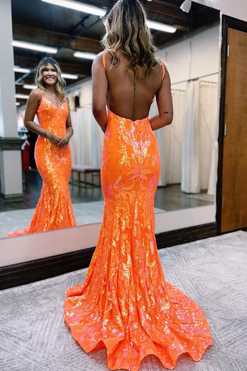 Sparkly Mermaid Orange Sequins Long Prom Dress