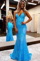 Load image into Gallery viewer, Sparkly Mermaid Backless Hot Pink Sequins Long Prom Dress