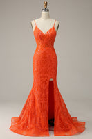 Load image into Gallery viewer, Mermaid Spaghetti Straps Sparkly Orange Sequins Long Prom Dress with Slit Front