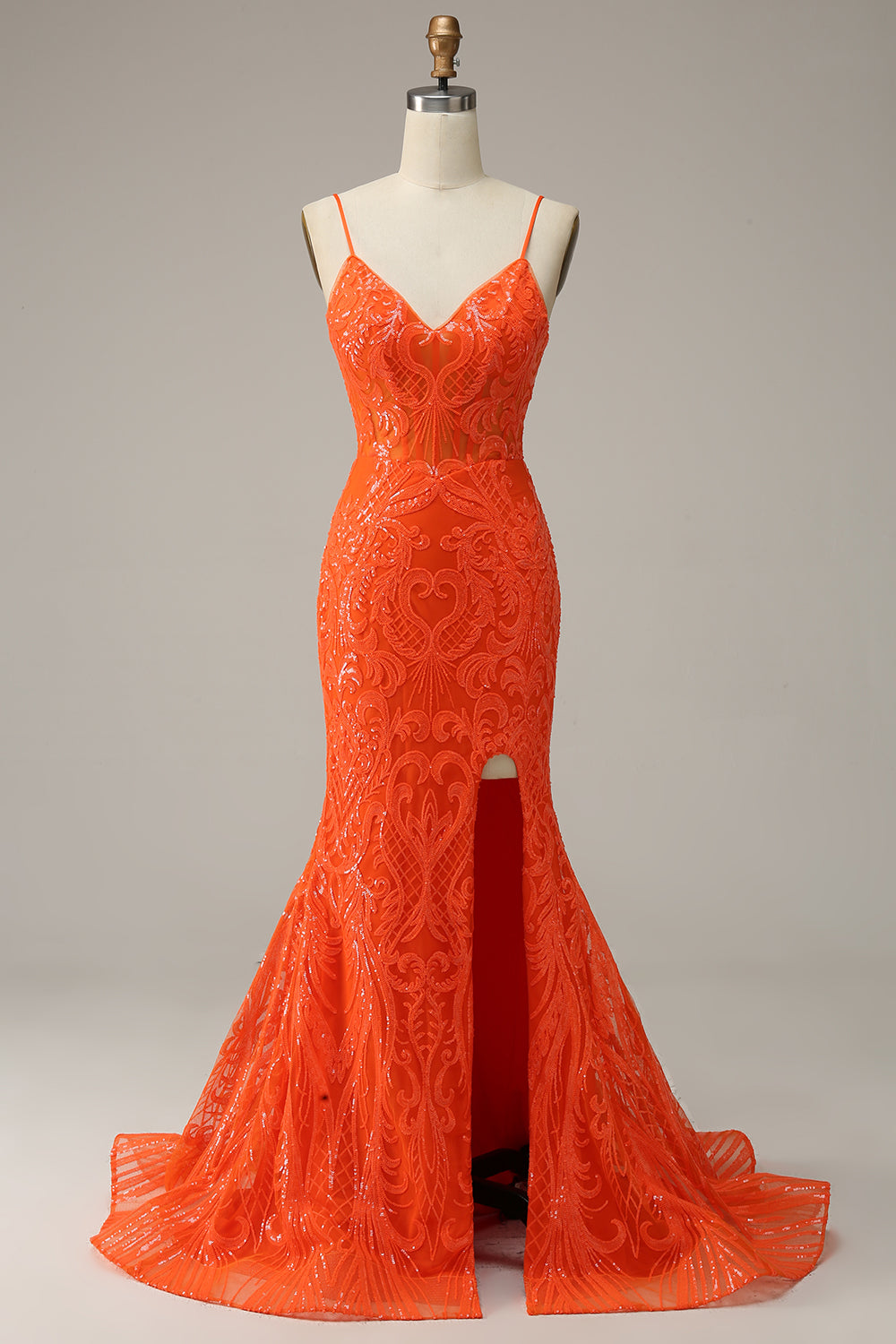 Mermaid Spaghetti Straps Sparkly Orange Sequins Long Prom Dress with Slit Front