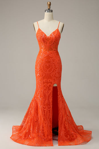 Orange Spaghetti Straps Mermaid Prom Dress