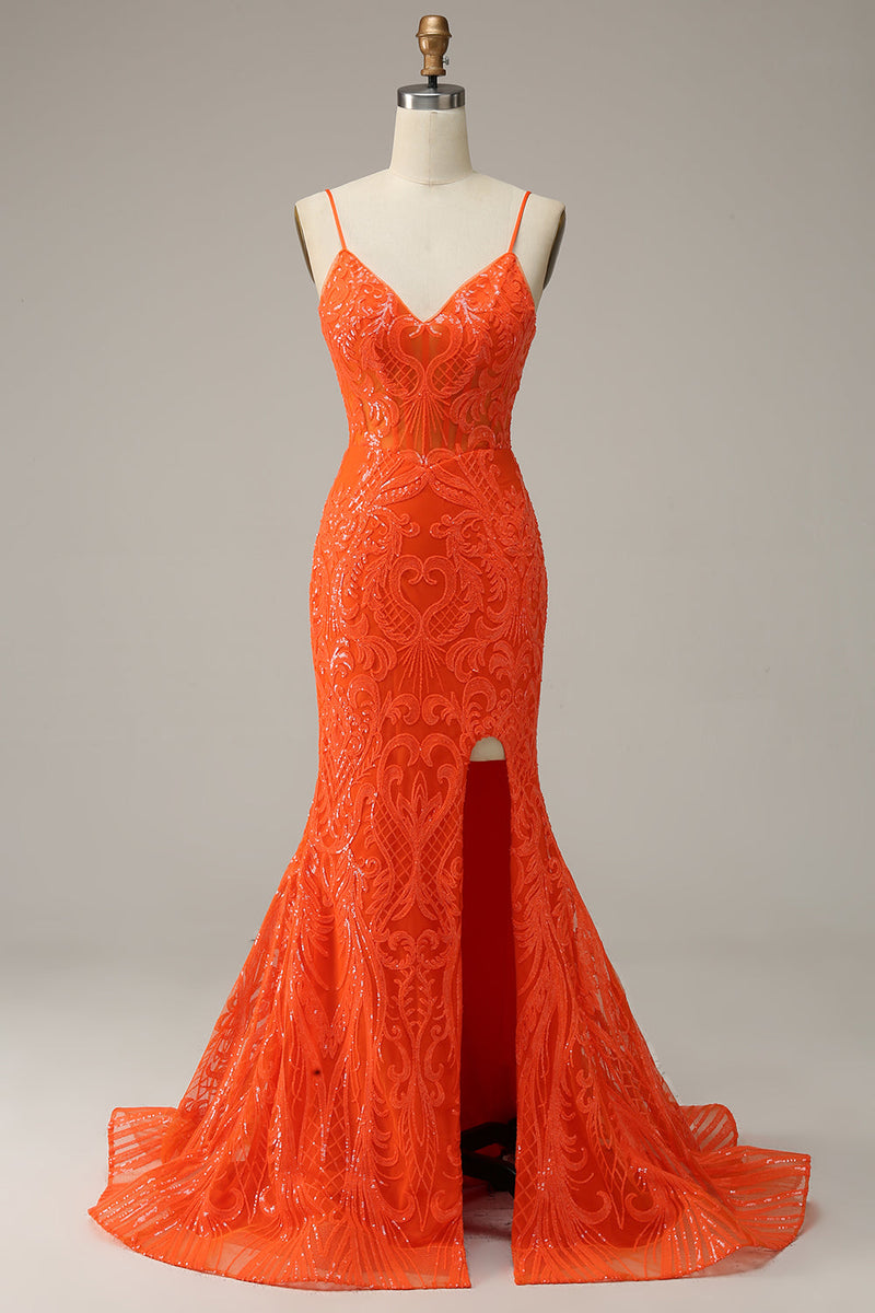 Load image into Gallery viewer, Orange Spaghetti Straps Mermaid Prom Dress