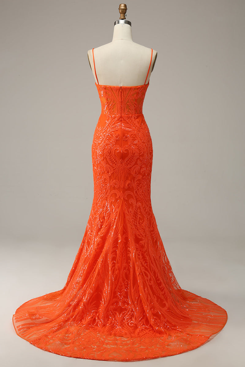 Load image into Gallery viewer, Orange Spaghetti Straps Mermaid Prom Dress