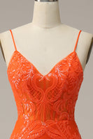 Load image into Gallery viewer, Mermaid Spaghetti Straps Sparkly Orange Sequins Long Prom Dress with Slit Front