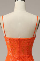 Load image into Gallery viewer, Mermaid Spaghetti Straps Sparkly Orange Sequins Long Prom Dress with Slit Front