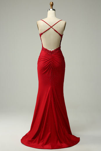 Mermaid Halter Dark Red Long Prom Dress with Beading