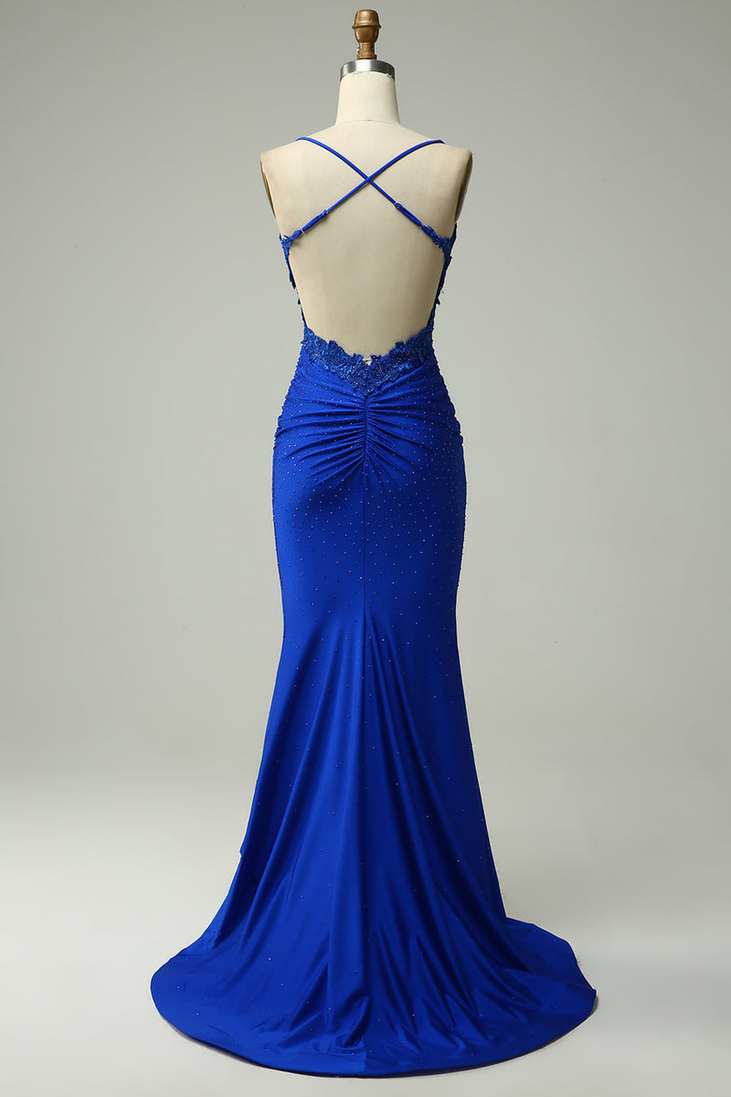 Load image into Gallery viewer, Mermaid Halter Royal Blue Long Prom Dress with Beading