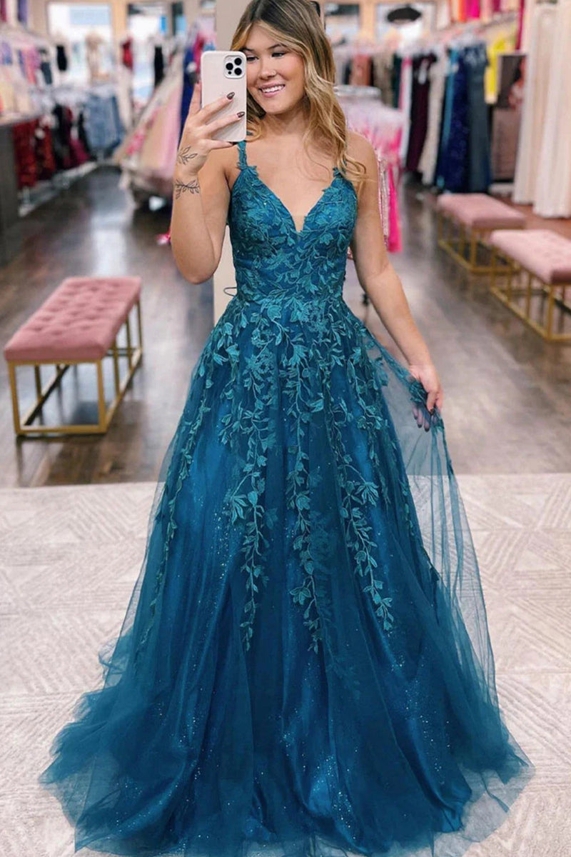 Load image into Gallery viewer, Glitter Blue Lace A-Line Long Prom Dress
