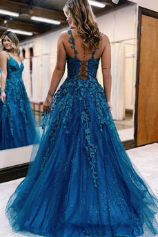 Glitter Blue Lace A-Line Long Prom Dress