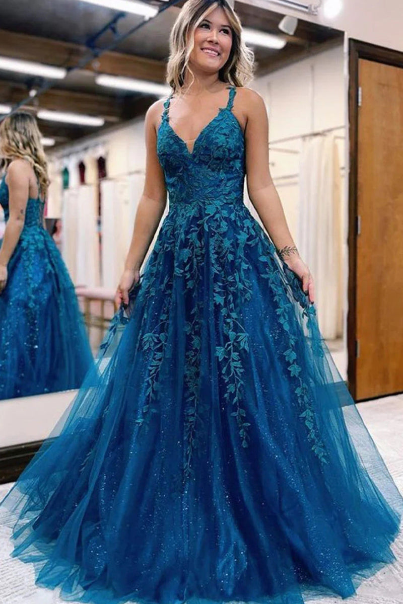 Load image into Gallery viewer, Glitter Blue Lace A-Line Long Prom Dress
